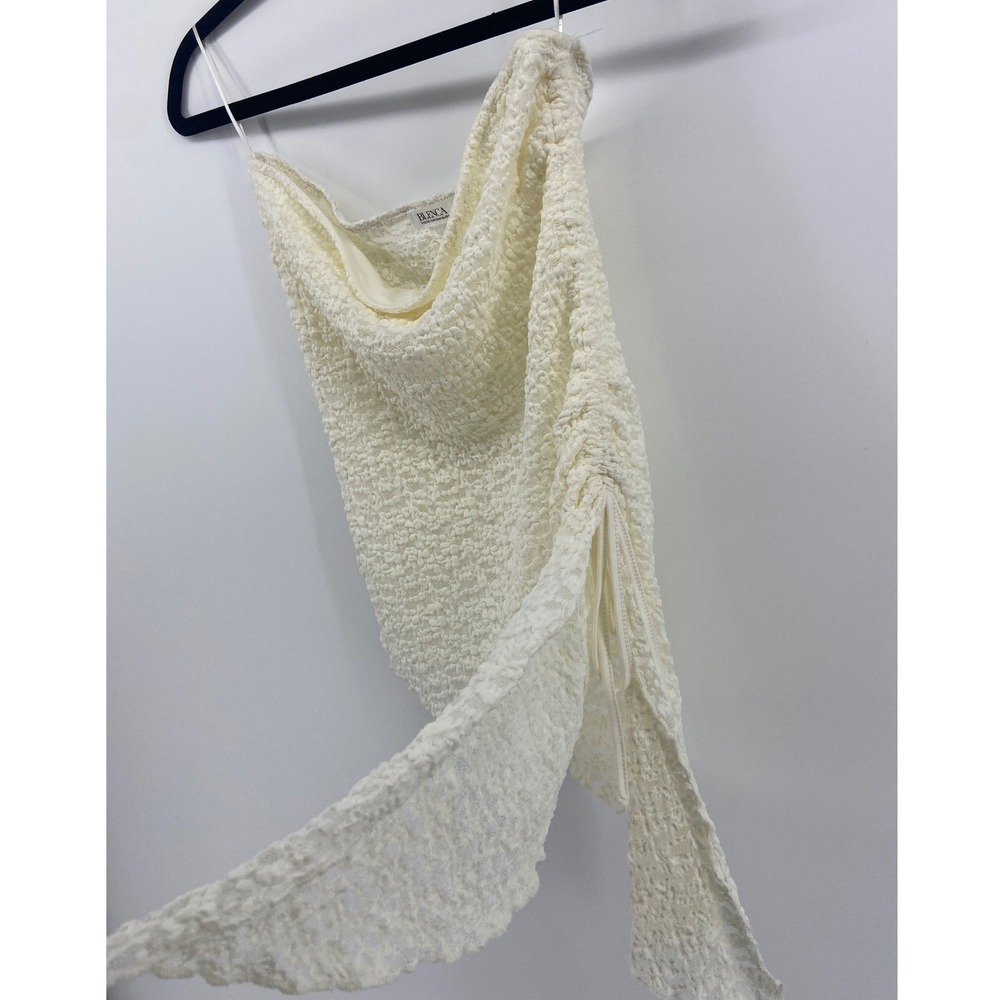 Blenca Young Contemporary Cream Lace Asymmetric Cowl Neck Ruched Top Large